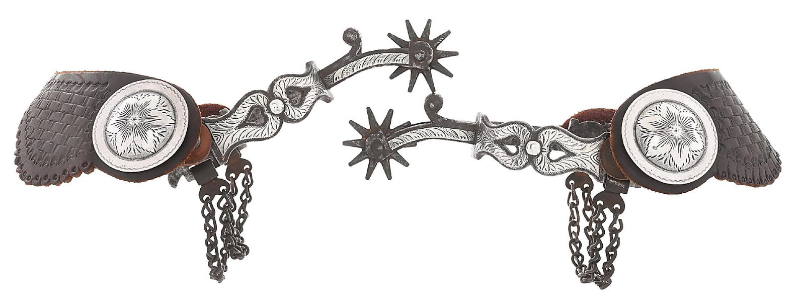AUGUST BUERMANN #1492 "DOUBLE HEART" SPURS: The attractive and desirable Open Heart pattern spurs with a 1" band, a long 2 1/4" drop shank with barrel style guard and a 1 1/2" rowel. The old AB star mark and double heel chains along with straps