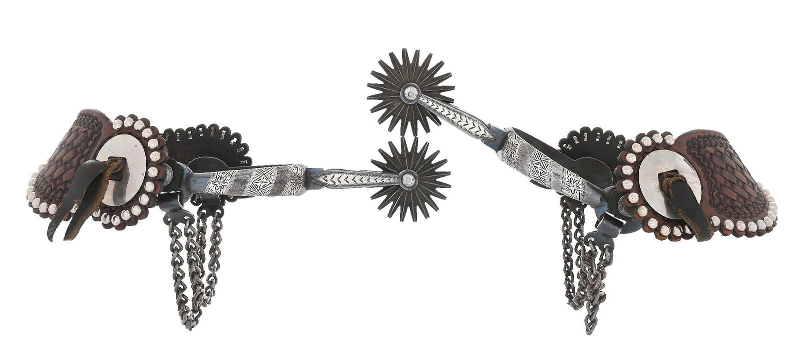 AUGUST BUERMANN #2038 SPURS: A very stylish half round 1/2" band with triple engraved slanted inlays, a 2 1/4" straight shank with feather engraved design. Double heel chains and a 2" rowel. Excellent condition with bright blue i