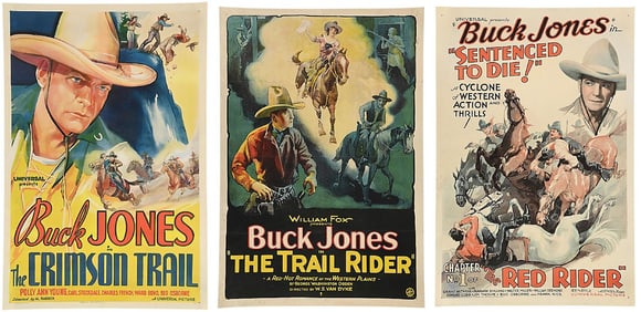 COLLECTION OF 3 BUCK JONES MOVIE POSTERS; "THE RED RIDER", "CRIMSON TRAIL" & "THE TRAIL RIDER"