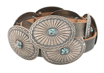 TIM KEE WHITMAN NAVAJO STERLING & TURQUOISE CONCHO BELT