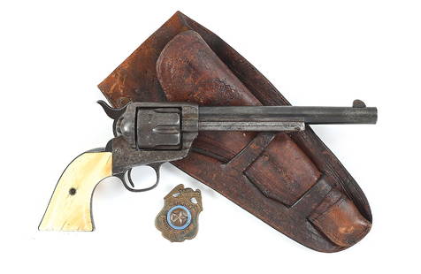 (A) COLT FRONTIER SIX SHOOTER SINGLE ACTION REVOLVER ATTRIBUTED TO WEBB COUNTY TEXAS SHERIFF.: The accompanying Sheriff's badge is inscribed A. Sanchez Webb County Texas, in which Laredo is located. This booming southern Texas town on the Mexican border swelled from 5200 residents in 1881 to ov