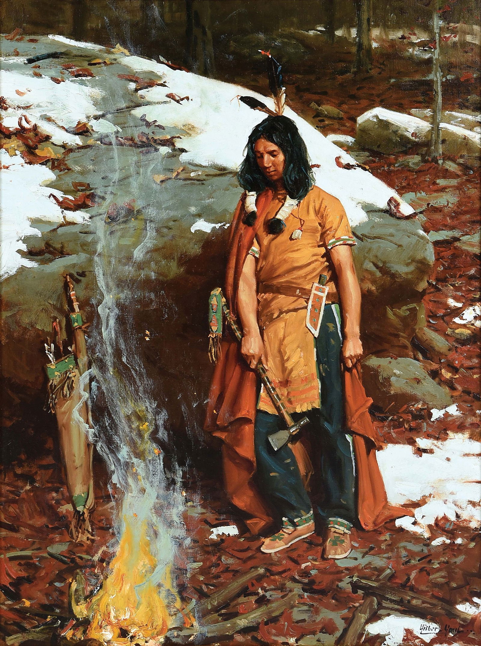 GILBERT GAUL (1855-1919): Indian by Campfire Oil on canvas 39 1/2" x 29 1/2" Signed lower right: Gilbert Gaul Framed to 47 1/4" x 37 - 1/4" PROVENCE: Sotheby's New York / March 14, 2001, lot 153 William Gilbert Gaul (1855-1919