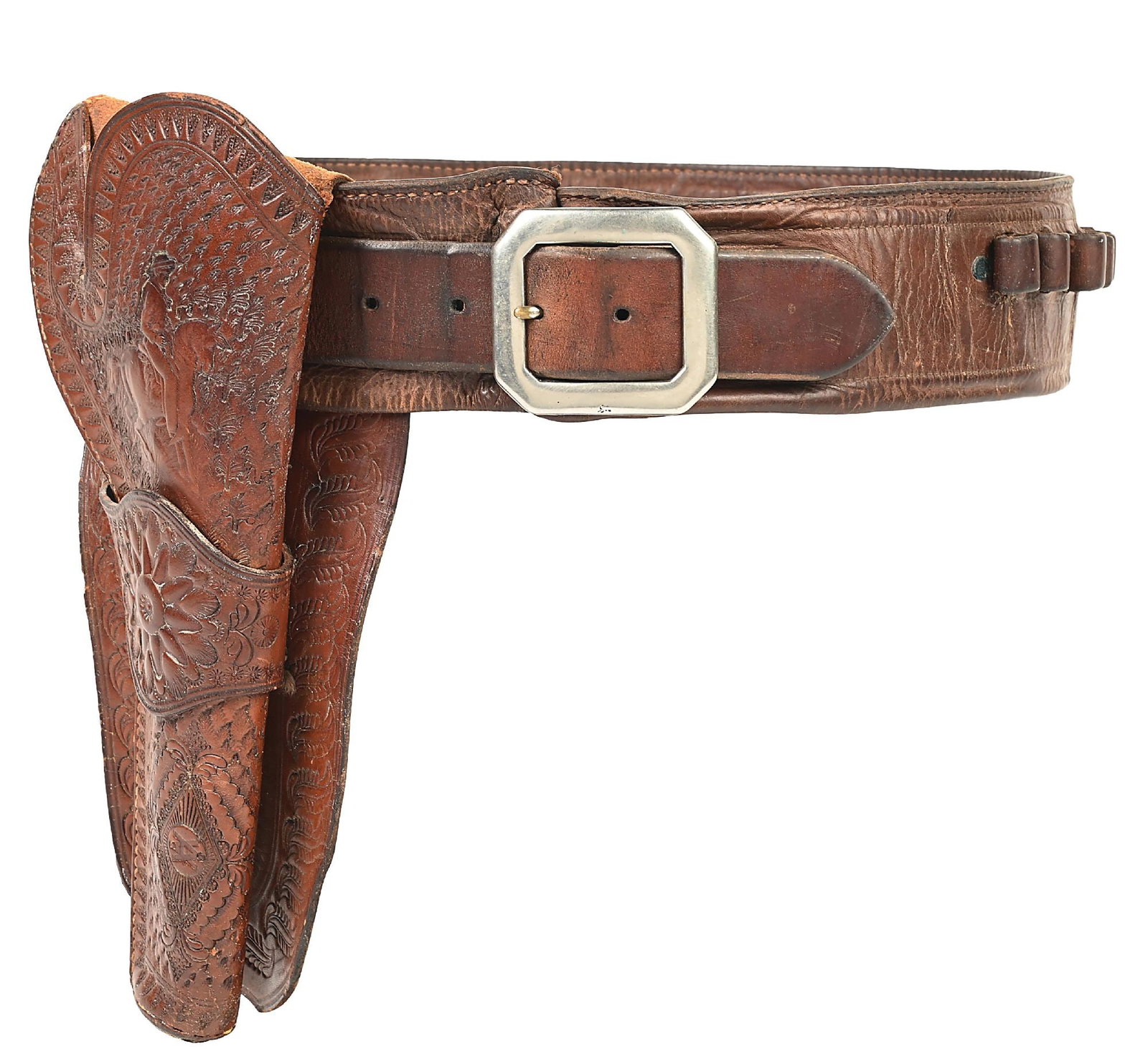 VAQUERO TOOLED HOLSTER AND BELT GUN RIG: Referred to the Colt Sears & Roebuck or catalog holster, this fancy 7 1/2 single loop holster has a tooled Vaquero above the wide floral loop the intertwined AA under and features the early muzzle plu
