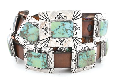 RUDY WILLIE NAVAJO SILVER AND TURQUOISE CONCHO BELT