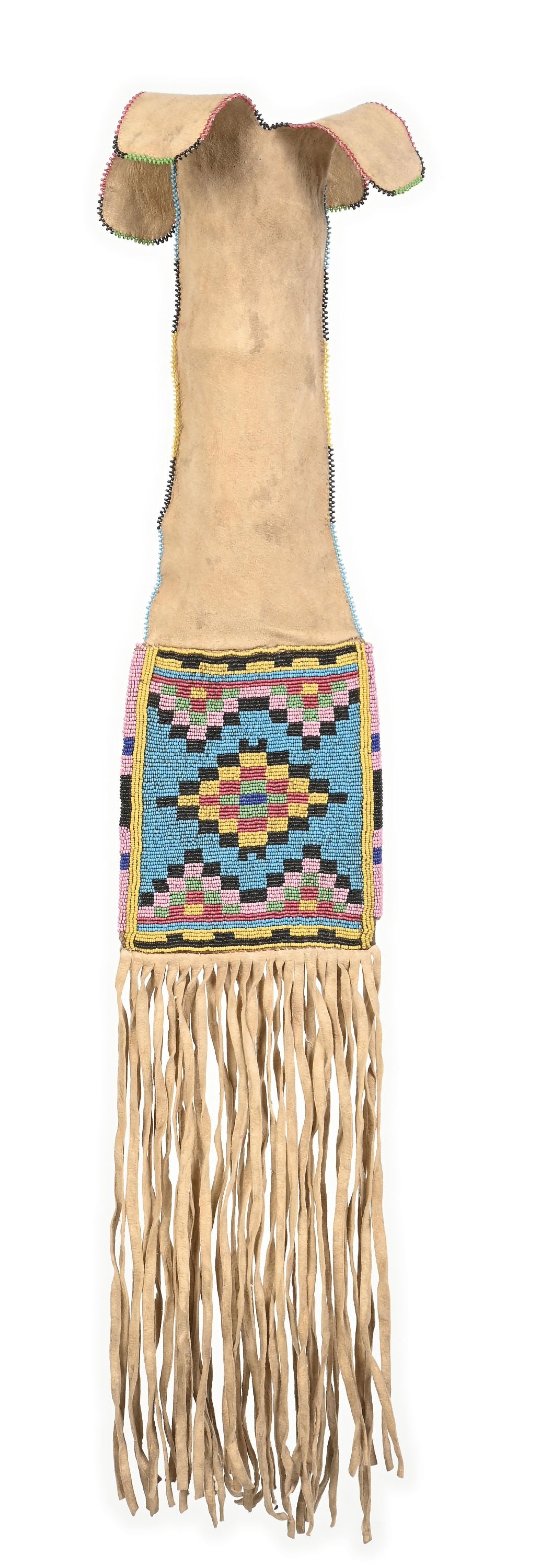 BEADED CREE PIPE BAG: A fabulous bright and bold tobacco bag with 6 1/4" x 5 1/2" beaded panels on each side. Beaded edge on the top and down each side of the Native tanned hide. Fringe at bottom is 11 1/2". Overall 31" x