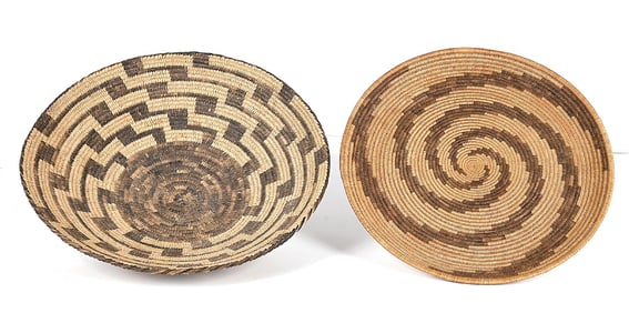 A PIMA BASKET AND APACHE BASKETRY TRAY WITH SWIRL PATTERN