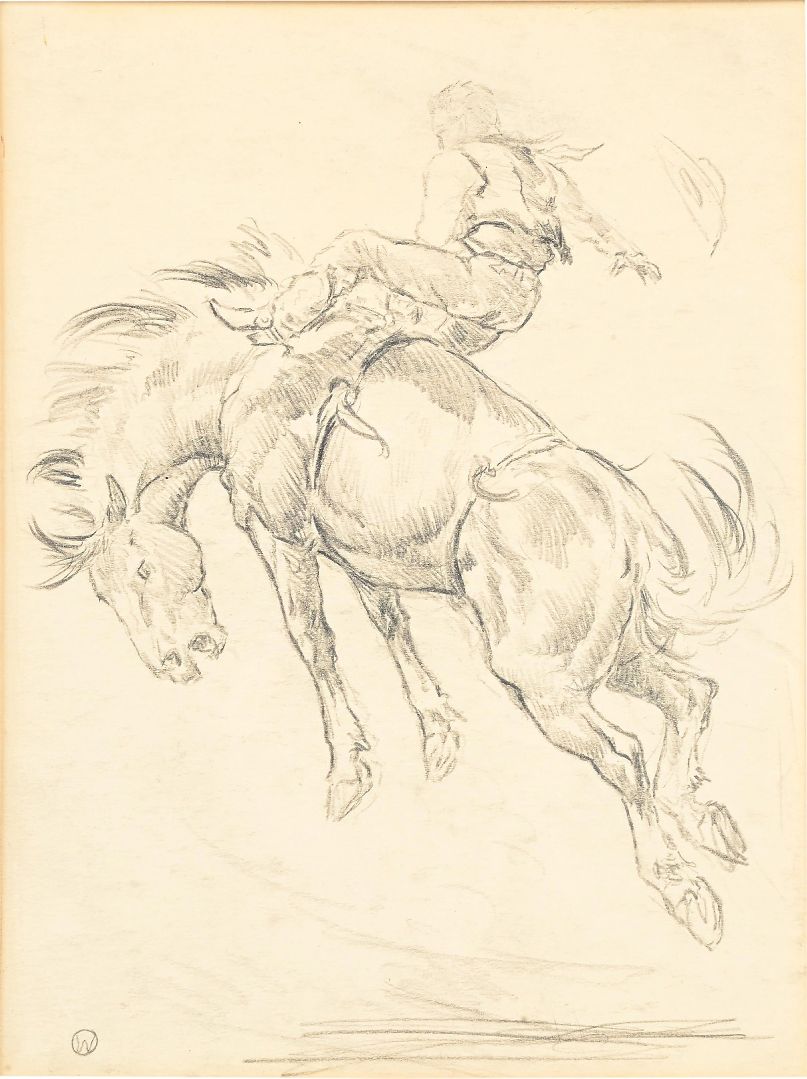 OLAF WIEGHORST (1899-1988): Bucking Horse Graphite on paper 6 x 7 3/4 in. Signed lower left "W" Framed to 14 x 12 1/2 in. PROVENANCE: Collection of Netty and Ted McIntyre Dimensions: Frame: 14" x 12 1/2".