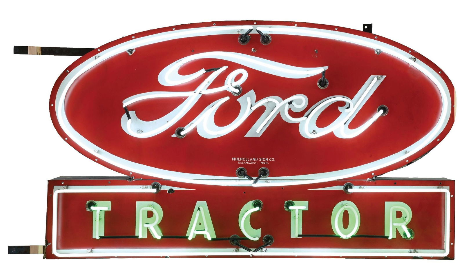 FORD TRACTOR COMPLETE PORCELAIN NEON SIGN: C. 1950s. Signs are maker marked Mulholland Sign Co. Kalamazoo, Michigan. Two single-sided porcelain signs mounted on metal can with two colors of bright neon throughout the fields. CONDITION: Signs e
