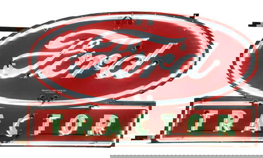 FORD TRACTOR COMPLETE PORCELAIN NEON SIGN: C. 1950s. Signs are maker marked Mulholland Sign Co. Kalamazoo, Michigan. Two single-sided porcelain signs mounted on metal can with two colors of bright neon throughout the fields. CONDITION: Signs