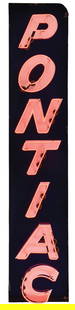 PONTIAC AUTOMOBILES PORCELAIN NEON SIGN: SSP. C. 1950s. CONDITION: Sign shows excellent color and gloss throughout the blue, with bright red neon throughout each letter. Sign shows minor cloudiness and discoloration in the white with minor a