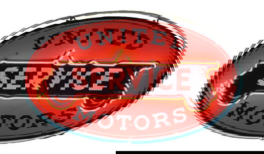 UNITED MOTORS SERVICE PORCELAIN NEON SIGN: SSP. C. 1930s. CONDITION: Sign shows outstanding color and gloss throughout the field, with no notable field chipping. Sign shows chipping at three of the mounting holes with light wear along the oute