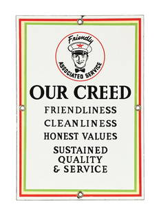 RARE ASSOCIATED FLYING A "OUR CREED" PORCELAIN SERVICE STATION SIGN W/ ATTENDANT VARIATION.: AGS CERTIFIED #11651. SSP. C. 1930s Porcelain Sign for Associated Gasoline showing "Our Creed" with a variation of the Attendant graphic not often seen on this sign. CONDITION: Sign shows brilliant