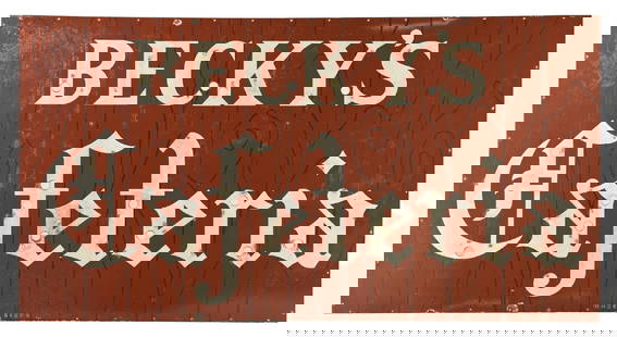 BECKY'S CAFETERIA PORCELAIN NEON SKIN SIGN: SSP. C. 1950s. Maker marked "Maccy Signs". CONDITION: Sign shows excellent color and gloss in the brown and black, with areas of dullness and discoloration in the white. Sign shows light chipping at