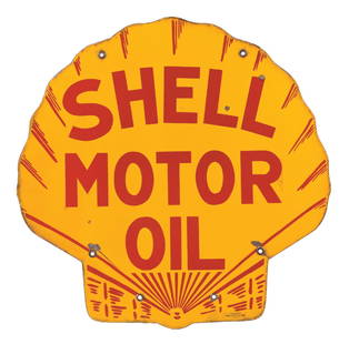 SHELL MOTOR OIL PORCELAIN SERVICE STATION SIGN: DSP. Sign is dated 1929. CONDITION: Sign shows excellent color and gloss throughout the field of each side, with each side showing light surface scratching and some light chipping in the outer fields.