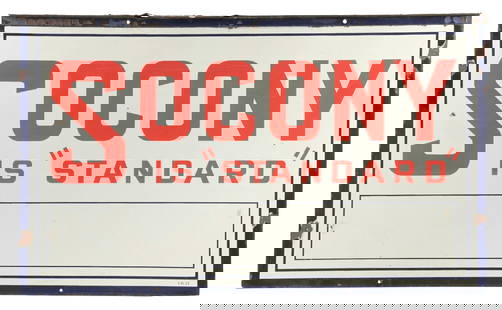 SOCONY IS "STANDARD" PORCELAIN SERVICE STATION SIGN: DSP. Maker marked "Ingrahm Richardson", dated 1931. CONDITION: Side 1 shows bright color and gloss throughout the field, with minor areas of light surface scratching, as well as a couple of light