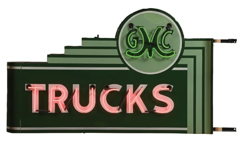 GMC TRUCKS COMPLETE PORCELAIN NEON SIGN W/ BULLNOSE ATTACHMENT