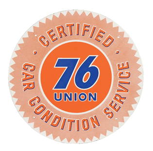 UNION 76 CAR CONDITION SERVICE PORCELAIN SIGN: SSP. C. 1950s. CONDITION: Excellent color and gloss throughout the field, showing only light surface scratches from storage. Minimal mounting hole wear, as well as some very faint wear along the outer