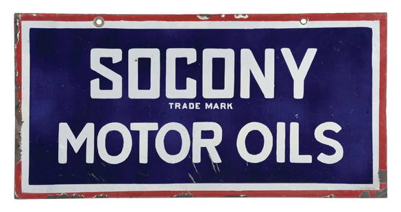 SOCONY MOTOR OILS PORCELAIN SERVICE STATION SIGN: DSP. C. 1930s. Maker marked "Litchfield". CONDITION: Sign shows very good color and gloss throughout each side, with each side showing light areas of chipping in the inner and outer field. Sign shows