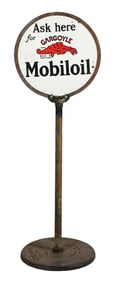 ASK HERE FOR GARGOYLE MOBILOIL PORCELAIN LOLLIPOP SIGN