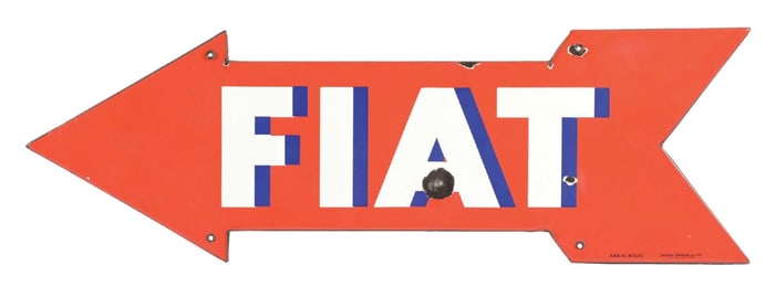 FIAT AUTOMOBILES PORCELAIN ARROW SIGN W/ COOKIE CUTTER EDGE
