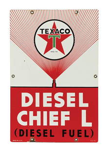 TEXACO DIESEL CHIEF "L" PORCELAIN PUMP PLATE SIGN: SSP. Dated 1955. CONDITION: Excellent color and gloss, showing light surface scratches, as well as two chips in the outer field. Moderate mounting hole wear with faint wear along the outer edges. Cond