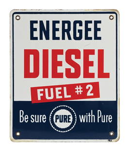 PURE ENERGEE DIESEL FUEL #2 PORCELAIN PUMP PLATE: SSP. C. 1950s. CONDITION: Sign shows excellent color and gloss throughout the field with no areas of field chipping. Sign shows some very minimal mounting hole wear, as well as some light staining and