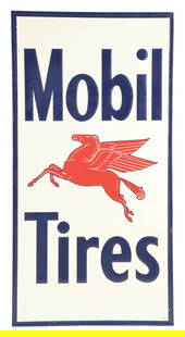 MOBIL TIRES EMBOSSED TIN SERVICE STATION SIGN W/ PEGASUS GRAPHIC: SST. C. 1940s. CONDITION: Sign shows very good color and gloss throughout the field, with some light areas of paper staining and discoloration to the gloss. Sign is most likely NOS, with any of the gl