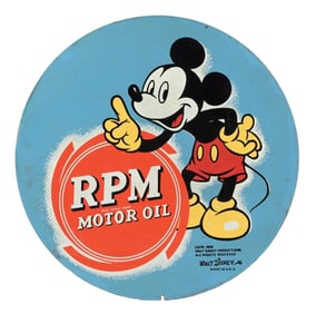 RPM MOTOR OILS TIN SIGN W/ MICKEY MOUSE GRAPHIC