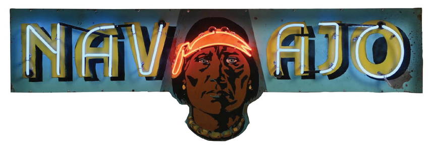 NAVAJO TRUCKING TIN SIGN W/ ADDED NEON: SST. C. 1950s. CONDITION: Sign shows fair color throughout, with numerous areas of touch-up throughout the field. Sign shows Native American image mounted on top of the Navajo sign with added two-colo
