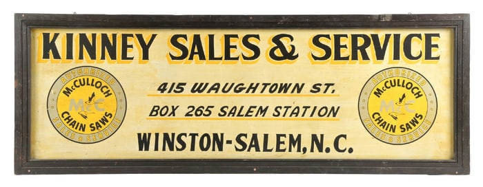 KINNEY SALES AND SERVICE FOR MCCULLOCH CHAINSAWS PAINTED TIN SIGN W/ WOOD FRAME