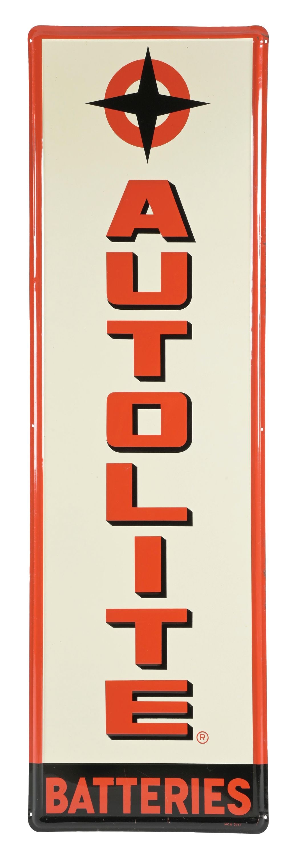 AUTOLITE BATTERIES EMBOSSED TIN SERVICE STATION SIGN. (1 of 3)