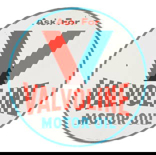 ASK FOR VALVOLINE MOTOR OIL TIN SERVICE STATION SIGN: DST. Maker Marked AM, dated 1969. CONDITION: Bright color and gloss throughout each side, showing light surface scratching with minor paint loss. Side two showing one area of heavier paint loss in the