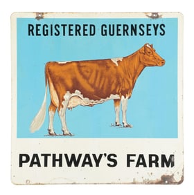 PATHWAY'S FARM REGISTERED GUERNSEYS TIN SIGN W/ COW GRAPHIC
