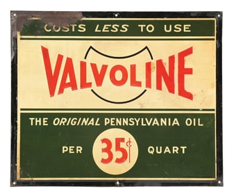VALVOLINE THE ORIGINAL PENNSYLVANIA OIL PER 35¢ QUART EMBOSSED TIN SIGN