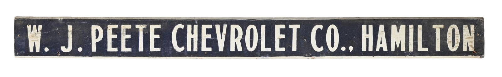 W.J. PEETE CHEVROLET HAMILTON, MONTANA SAND PAINTED WOOD DEALERSHIP SIGN: Single0Sided Sand Painted Wood Sign. CONDITION: Excellent color throughout, with light areas of surface scratching as well as some wear at the added nail holes. Sign shows clean outer edges with the b