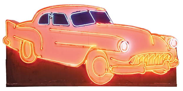 DOUBLE-SIDED NEON CAR GRAPHIC SIGN: A nice example of this colorful double-sided neon sign, featuring a car graphic. Both sides are plexiglass, which has been hand-painted with embellishments to the car graphic. CONDITION: Side one has