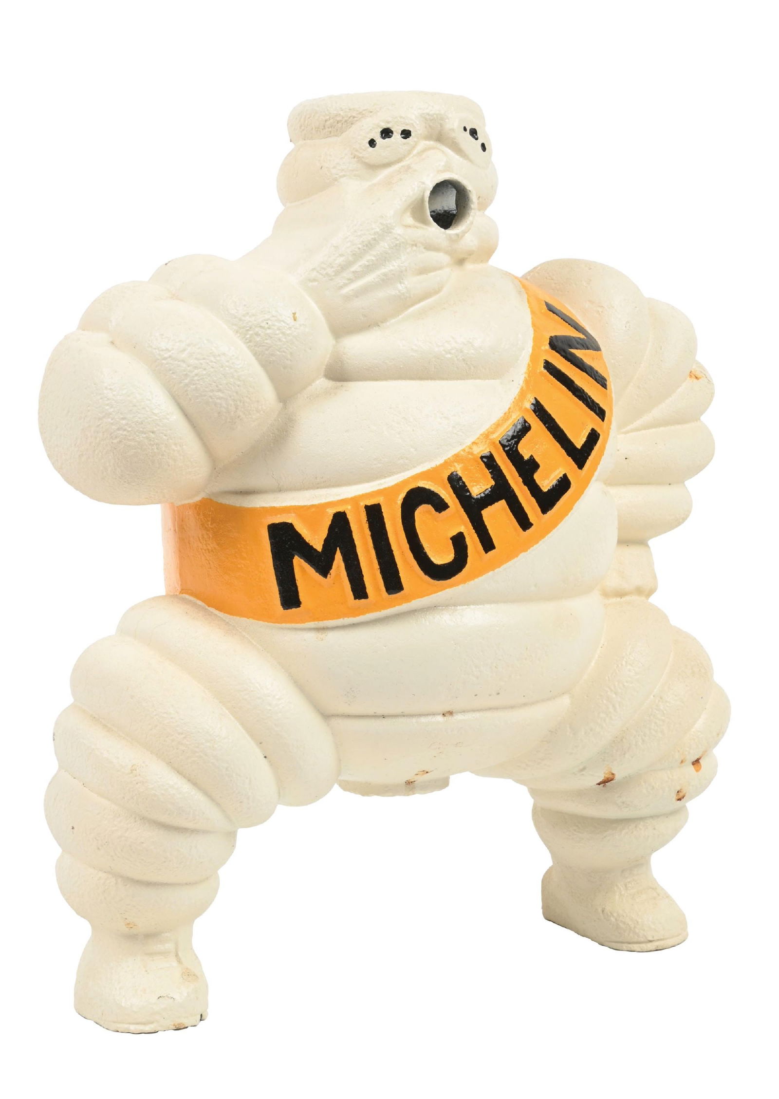 MICHELIN TIRES CAST IRON BIBENDUM COMPRESSOR FIGURE: C. 1930s. CONDITION: Figure shows restoration throughout the entire figure, with hand-painted sash and lettering. Figure is missing cap with light areas of pitting in the cast iron. Condition: (RESTOR
