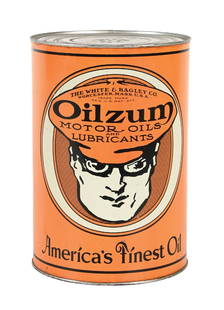 OILZUM MOTOR OIL FIVE QUART CAN: Five Quart Can. C. 1930s. CONDITION: Can is in very good condition with bright color and gloss, showing just a few minor areas of light scratching and surface wear. Can shows clean rims and is full, w