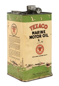 TEXACO MARINE MOTOR OIL CAN ONE GALLON SQUARE CAN W/ BOATING SCENE GRAPHIC