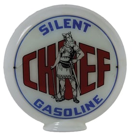 SILENT CHIEF GASOLINE SINGLE 13.5" GLOBE LENS ON NARROW MILK GLASS BODY.