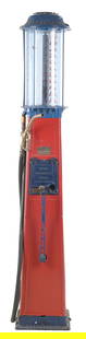 BUTLER MODEL #71 VISIBLE GAS PUMP: C. 1920s. CONDITION: Pump shows an older restoration done in red and blue,, and shows blue tinted glass cylinder with original brass tags. Glass cylinder shows areas of repaired cracks, and the restor