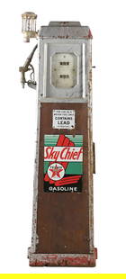 WAYNE MODEL 40A GAS PUMP: C. 1930s. CONDITION: Pump is in all original condition, showing original paint as well as original Sky Chief Gasoline and Ethyl Gasoline porcelain pump plates. Pump is straight, and shows sight glass
