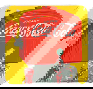 DRINK COCA-COLA PORCELAIN SIGN WITH FOUNTAIN GRAPHIC: SSP. Dated 1940. CONDITION: Outstanding color and gloss throughout the field, showing only a couple of minor surface scratches in the inner field. The graphic is very clean and shows two chips in the