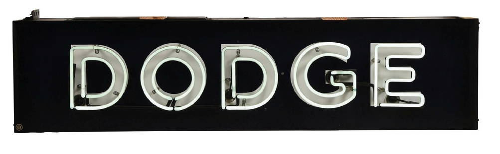 DODGE AUTOMOBILES COMPLETE PORCELAIN NEON SIGN: Two single-sided porcelain neon signs mounted back to back on metal can with double-stroked white neon throughout each side. CONDITION: Signs each show outstanding color and gloss throughout the