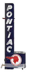 PONTIAC AUTOMOBILES COMPLETE PORCELAIN NEON SIGN W/ BULLNOSE ATTACHMENT: C. 1950s. Maker marked "Walker & Co.". Two single-sided porcelain signs mounted back-to-back on their original can with original bullnose attachment. CONDITION: Sign shows outstanding color and gloss