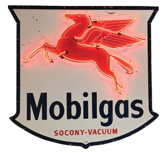 PORCELAIN SERVICE STATION SHIELD SIGN W/ ADDED NEON: SSP. Maker Marked Ingram Richardson, dated 1955. CONDITION: Sign shows bright color and gloss throughout the filed, with numerous amounts of small chipping in the inner and outer field as well as