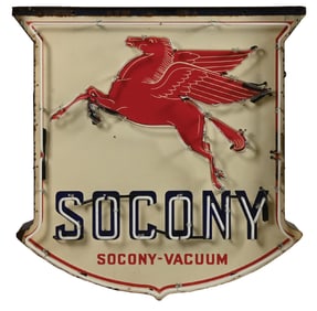 SOCONY GASOLINE PORCELAIN SHIELD SIGN W/ ADDED NEON