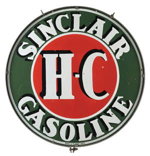 SINCLAIR H-C GASOLINE PORCELAIN SIGN W/ ORIGINAL RING: DSP. C. 1930s. CONDITION: Sign shows bright color and gloss throughout the field of each side, with side one showing light chipping in the inner and outer field as well as some light surface