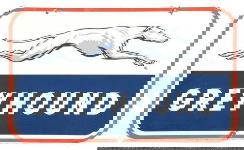 GREYHOUND BUS LINES PORCELAIN SIGN: DSP. C. 1950s. CONDITION: Outstanding color and gloss throughout each side with immaculate dog graphic. One bullet hole at lower edge with chipping at the mounting holes. Minimal chips along the