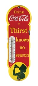 COCA-COLA "THIRST KNOWS NO SEASON" PORCELAIN THERMOMETER